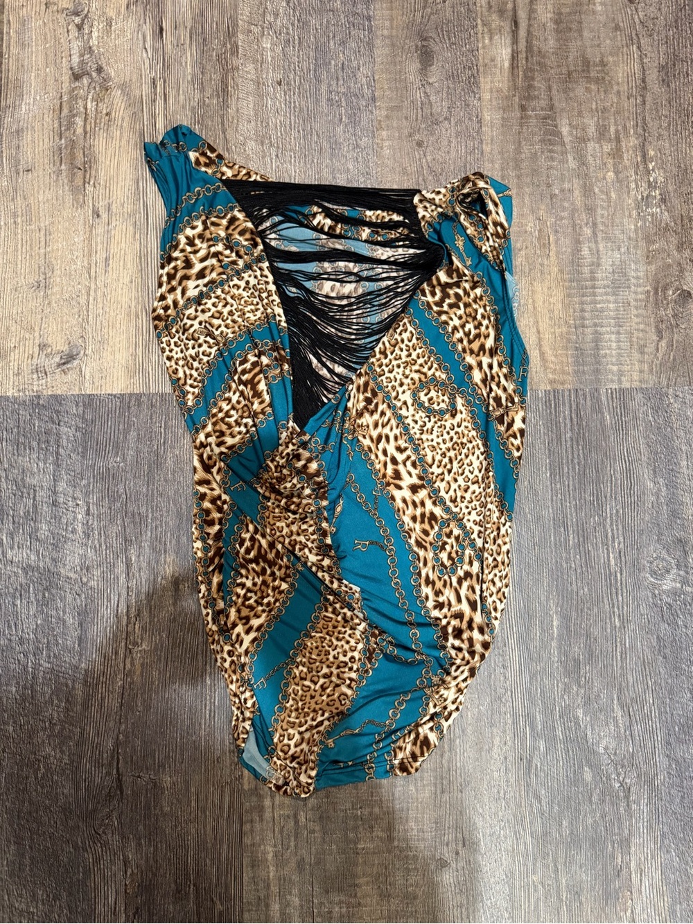 Teal Leopard Print Blouse with Fringe Back